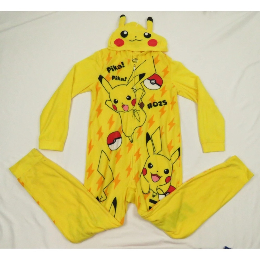 Pokemon Pikachu Fleece Hooded Full Zip One Piece Pajamas Sleepwear L Costume
